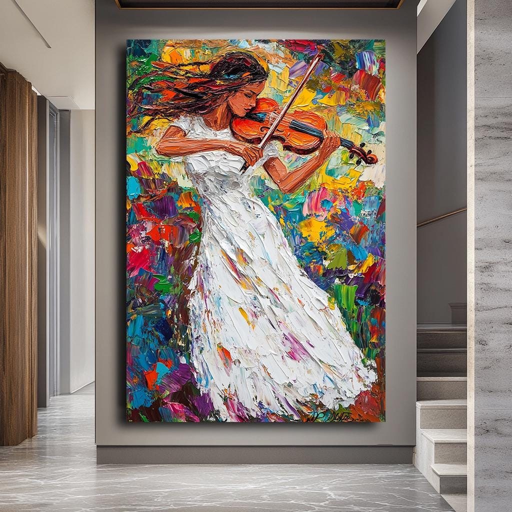 Colorful Violinist Canvas Art, Abstract Woman Playing Violin, Large Mu