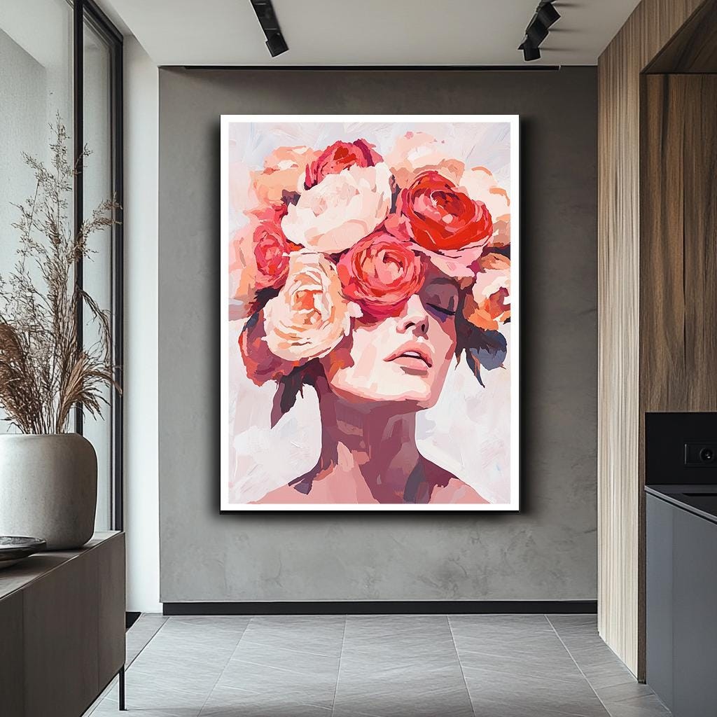 Abstract Floral Woman Portrait Wall Art, Modern Female Canvas Print, E