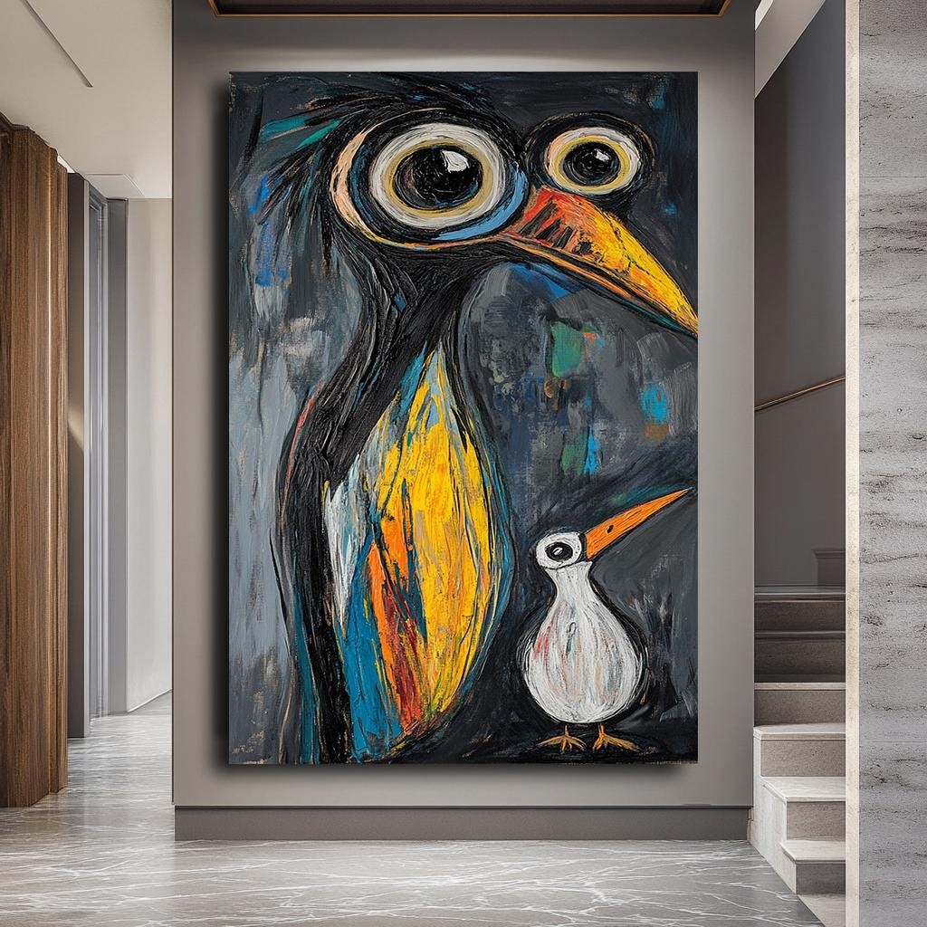 Abstract Bird Wall Art, Colorful Penguin Painting, Quirky Animal Canva