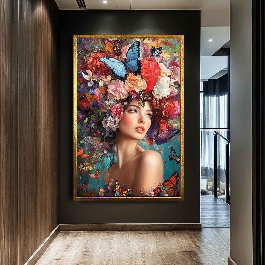 Floral Butterfly Woman Portrait Art, Colorful Nature-Inspired Canvas, 