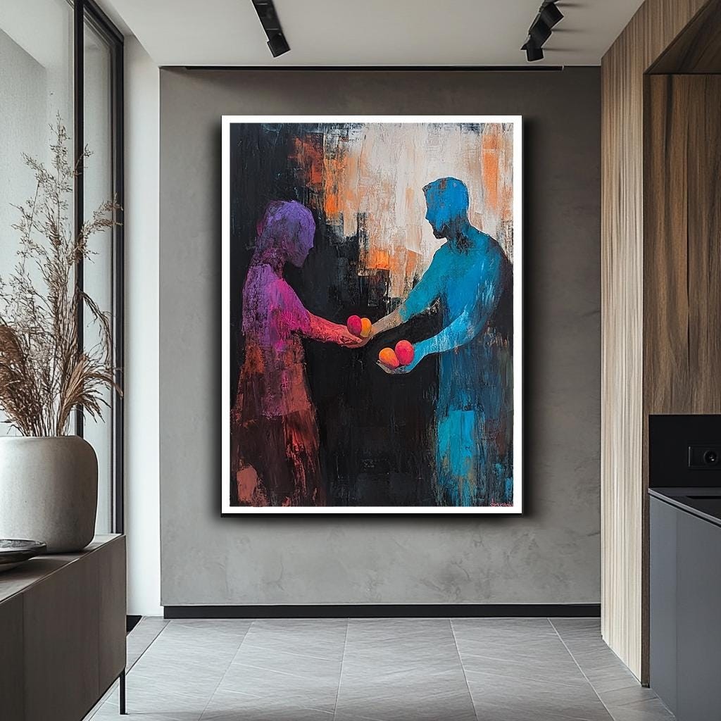 Abstract Couple Wall Art, Vibrant Figurative Painting, Modern Expressi