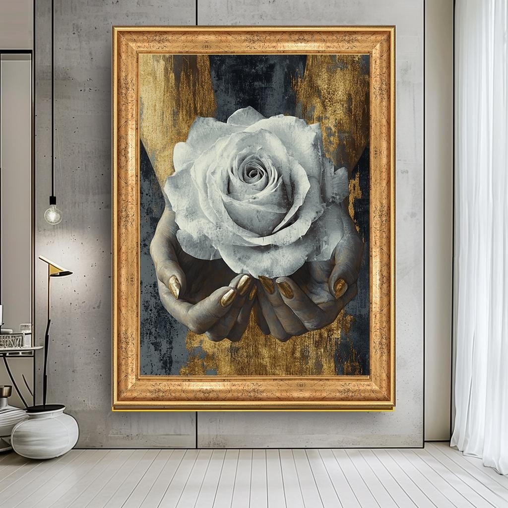 Elegant White Rose in Hands Wall Art, Gold and Gray Floral Canvas, Mod