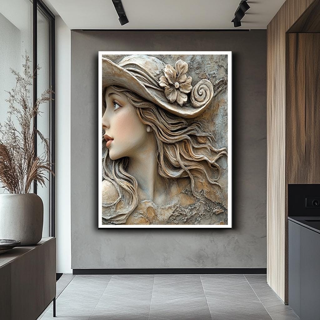 Vintage Woman Wall Art, 3D Textured Canvas, Elegant Lady in Hat, Roman
