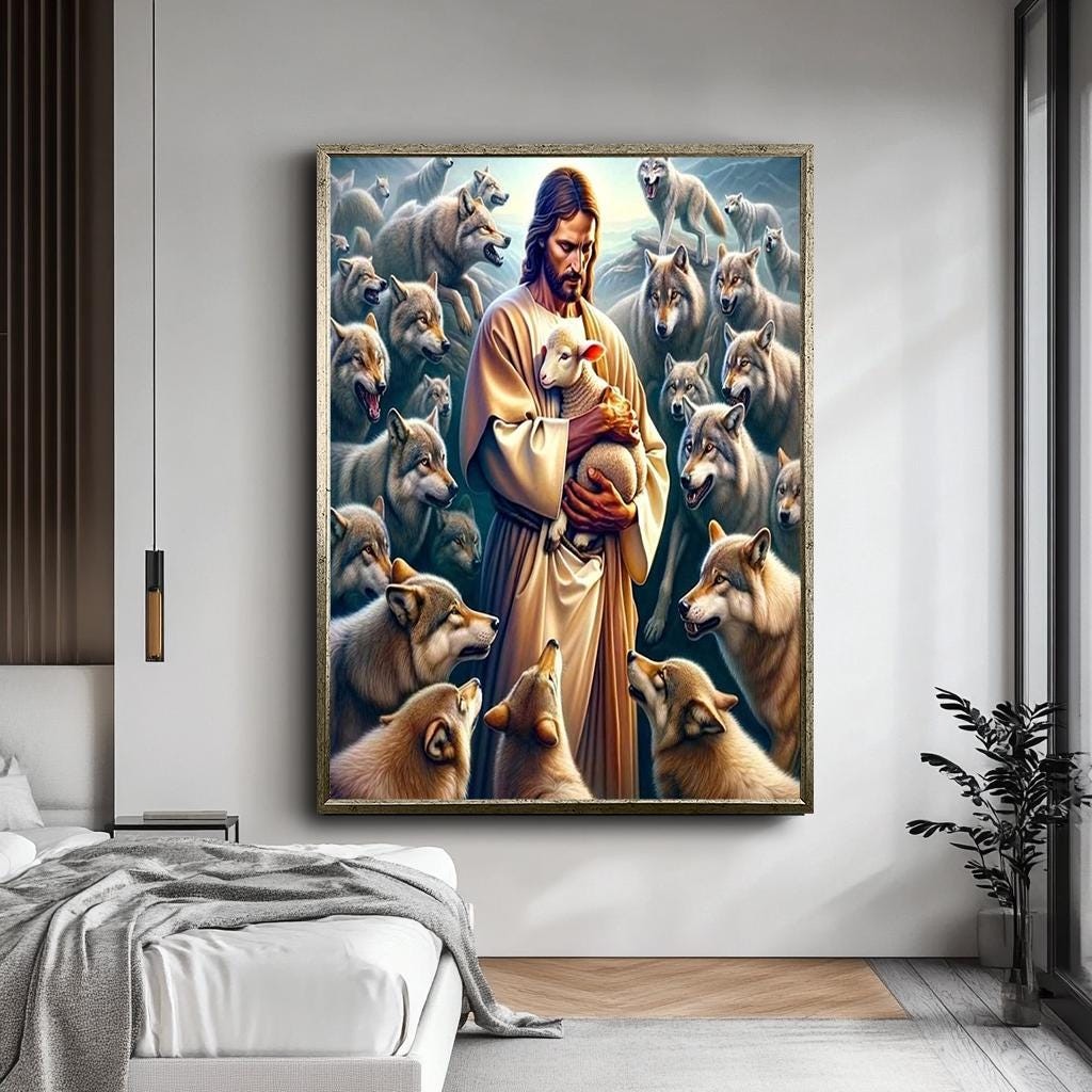 Jesus and Lamb Canvas Wall Art, Wolves and Lambs Spiritual Picture, Divine Protection Canvas Print, Religious Decor for Faith, Ready to Hang