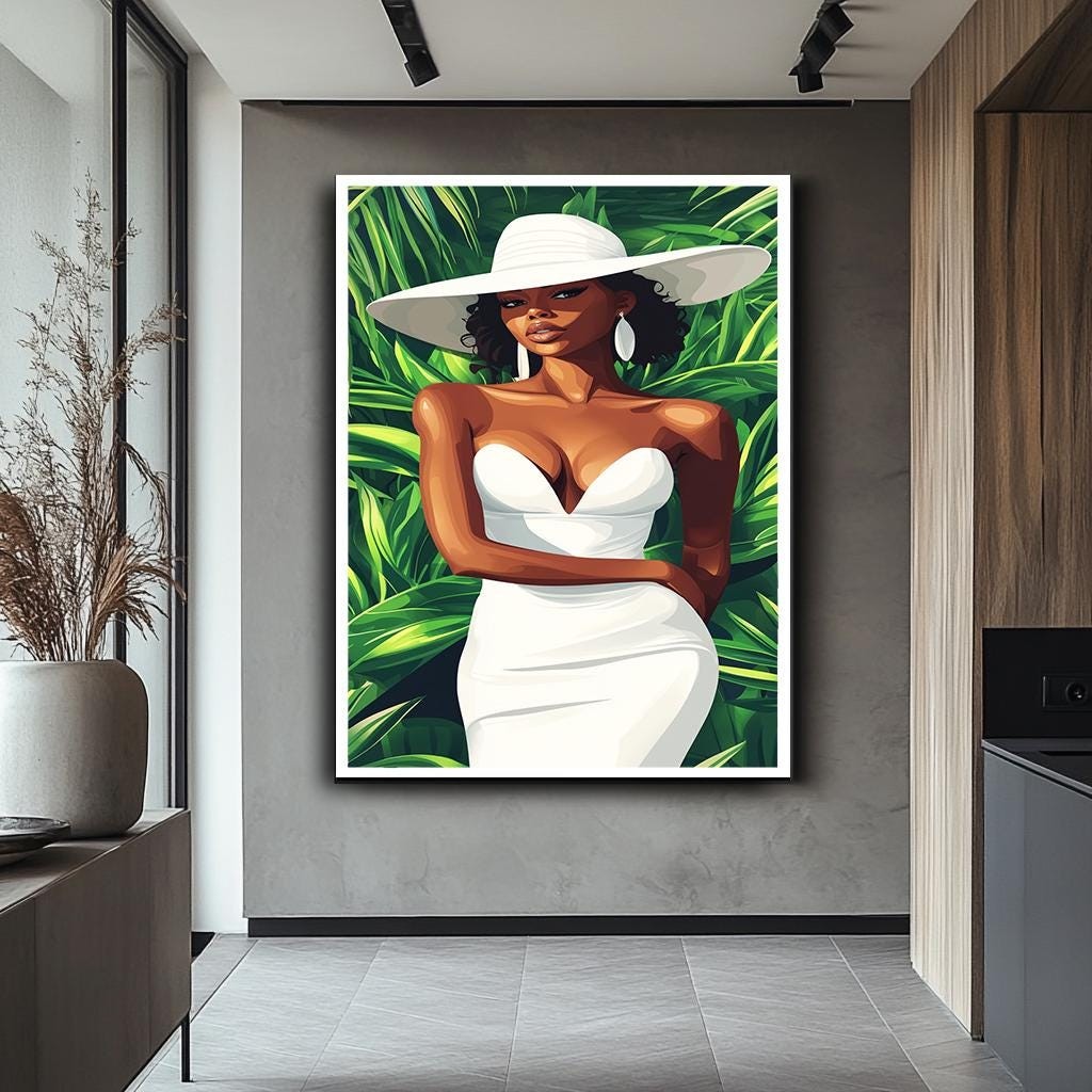 Elegant African Woman in White Dress Canvas Print, Bold Afrocentric Ar