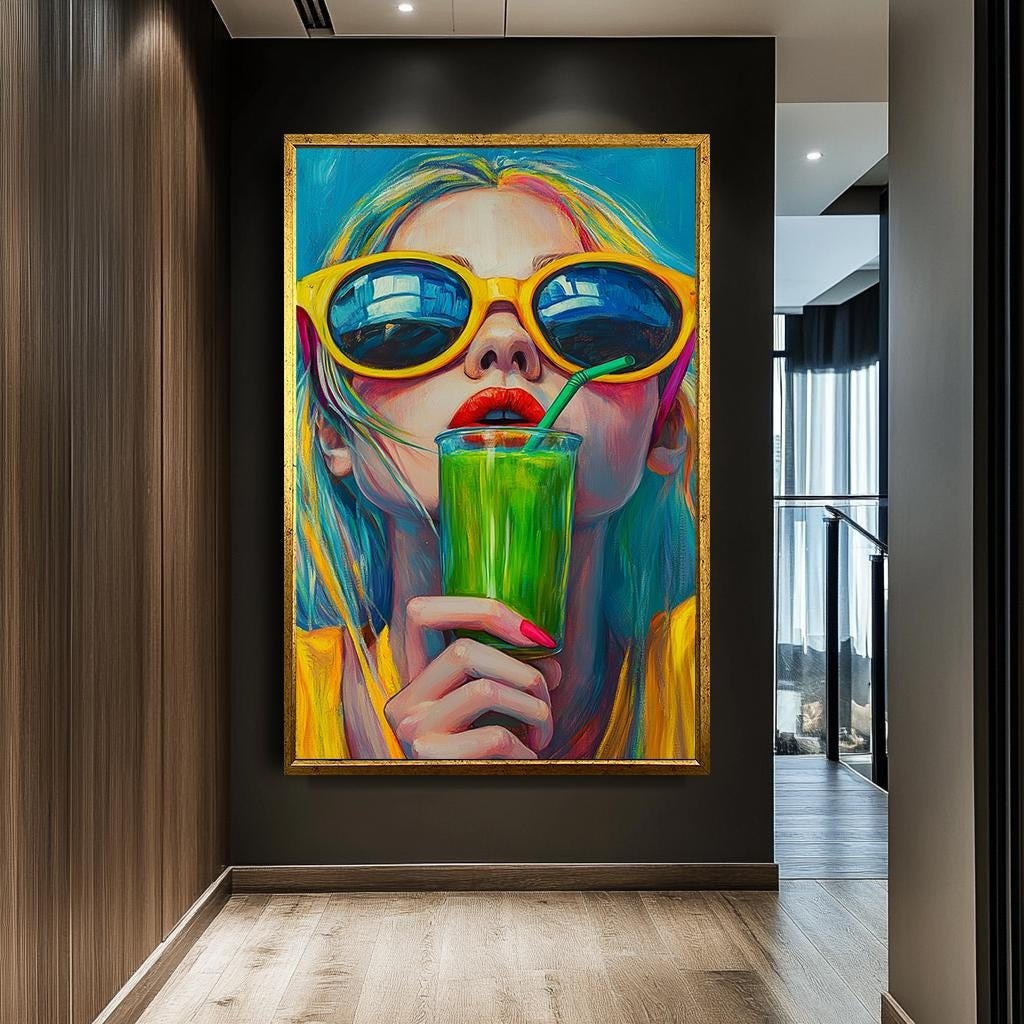 Vibrant Summer Woman with Green Smoothie Wall Art, Colorful Pop Art Ca