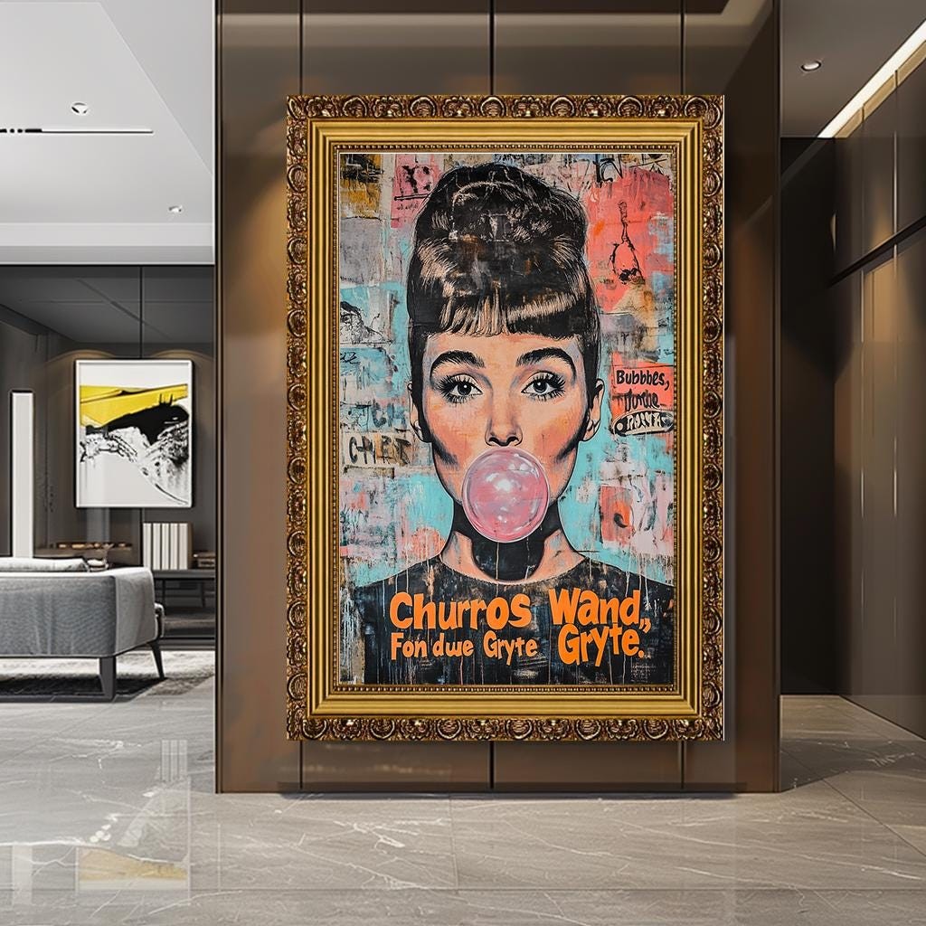 Audrey Hepburn Pop Art Canvas, Bubblegum Street Art Style, Large Moder