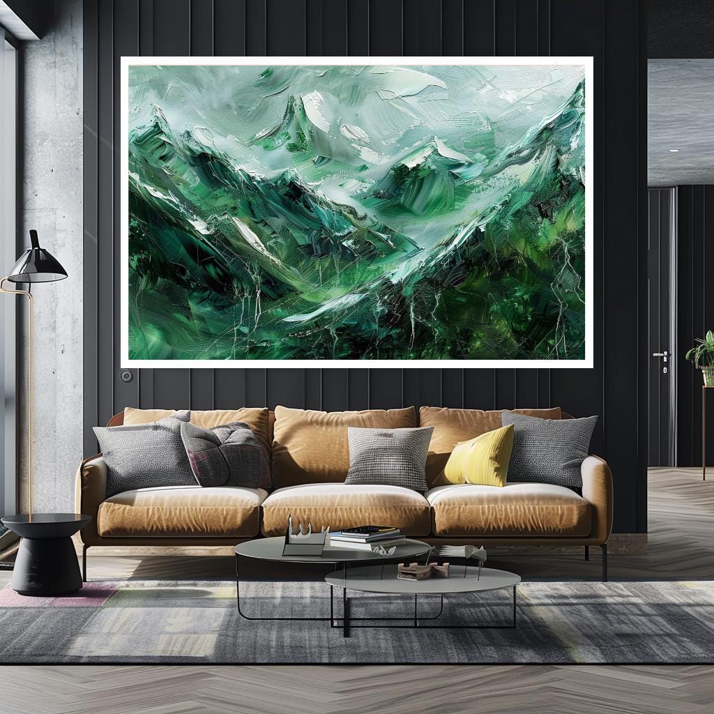 Large Canvas Print Mountain Landscape, Modern Abstract Wall Art, Green