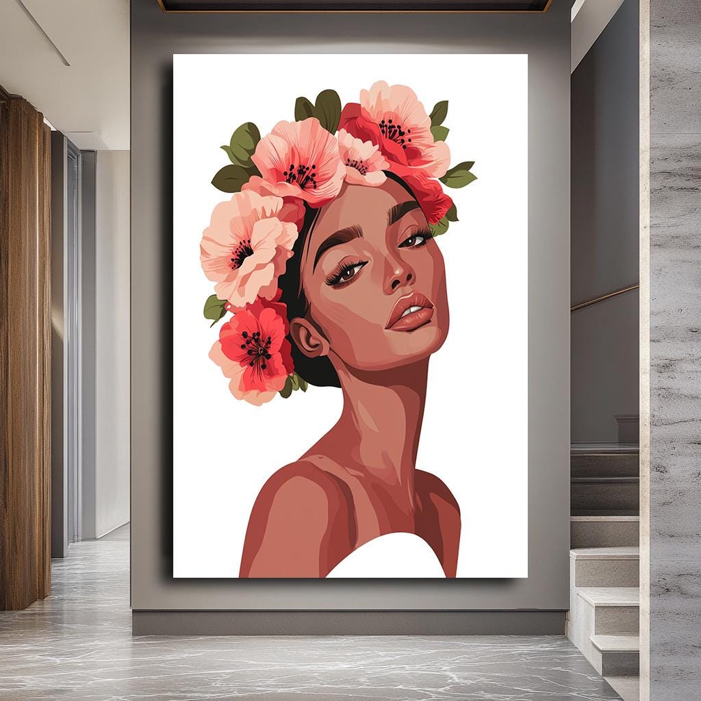 Floral Woman Portrait Wall Art, Elegant Flower Crown Canvas, Feminine 