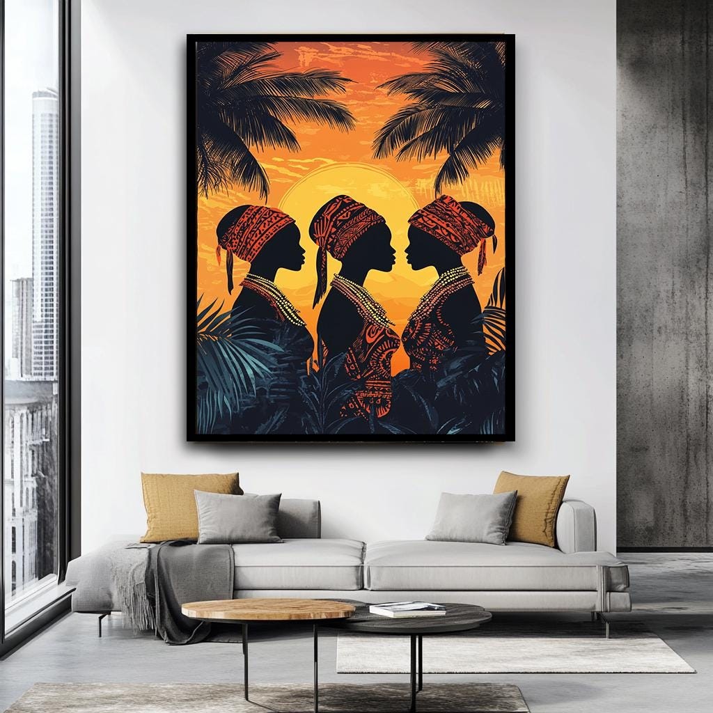 African Sunset Silhouette Canvas Print - Tribal Women Wall Art - Bold 