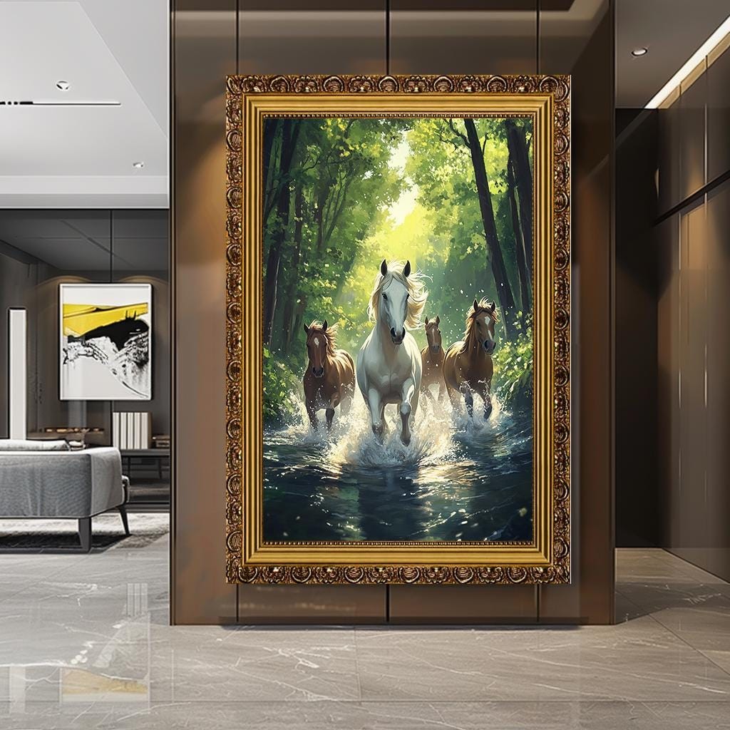 Majestic Horses Running Through Water Canvas Art, Nature-Inspired Anim