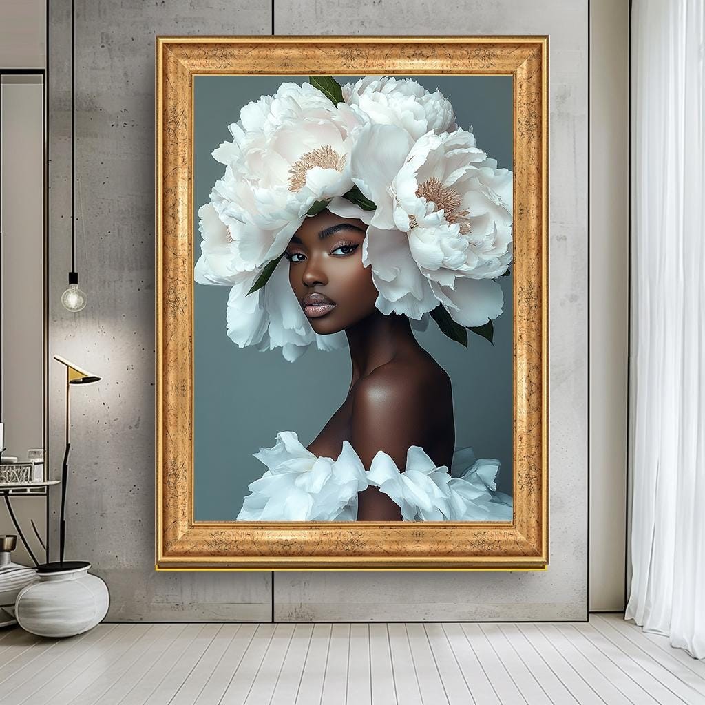 African Woman with Floral Headpiece Canvas Print, Afrocentric Beauty W