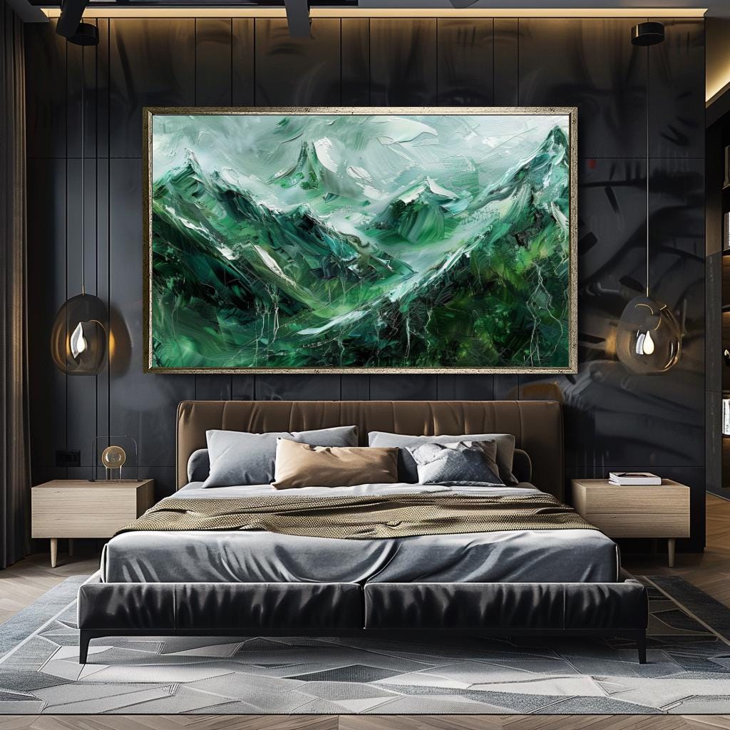 Large Canvas Print Mountain Landscape, Modern Abstract Wall Art, Green