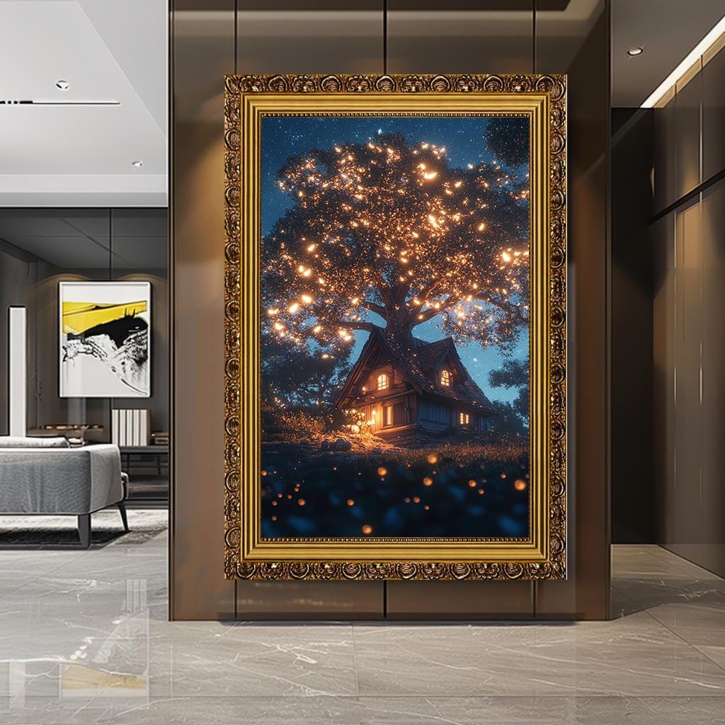 Magical Tree House Canvas Art | Cozy Cottage Under Starry Sky | Glowin