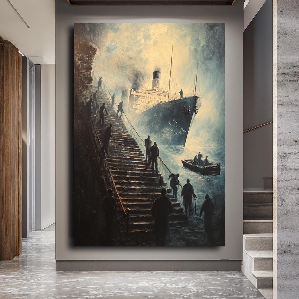 Dramatic Ship Stairs Wall Art, Surreal Maritime Canvas Print, Vintage 