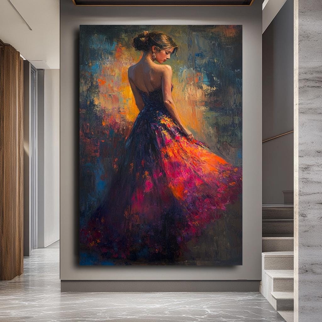 Woman in Flowing Dress Canvas Print, Vibrant Impressionist Painting, M