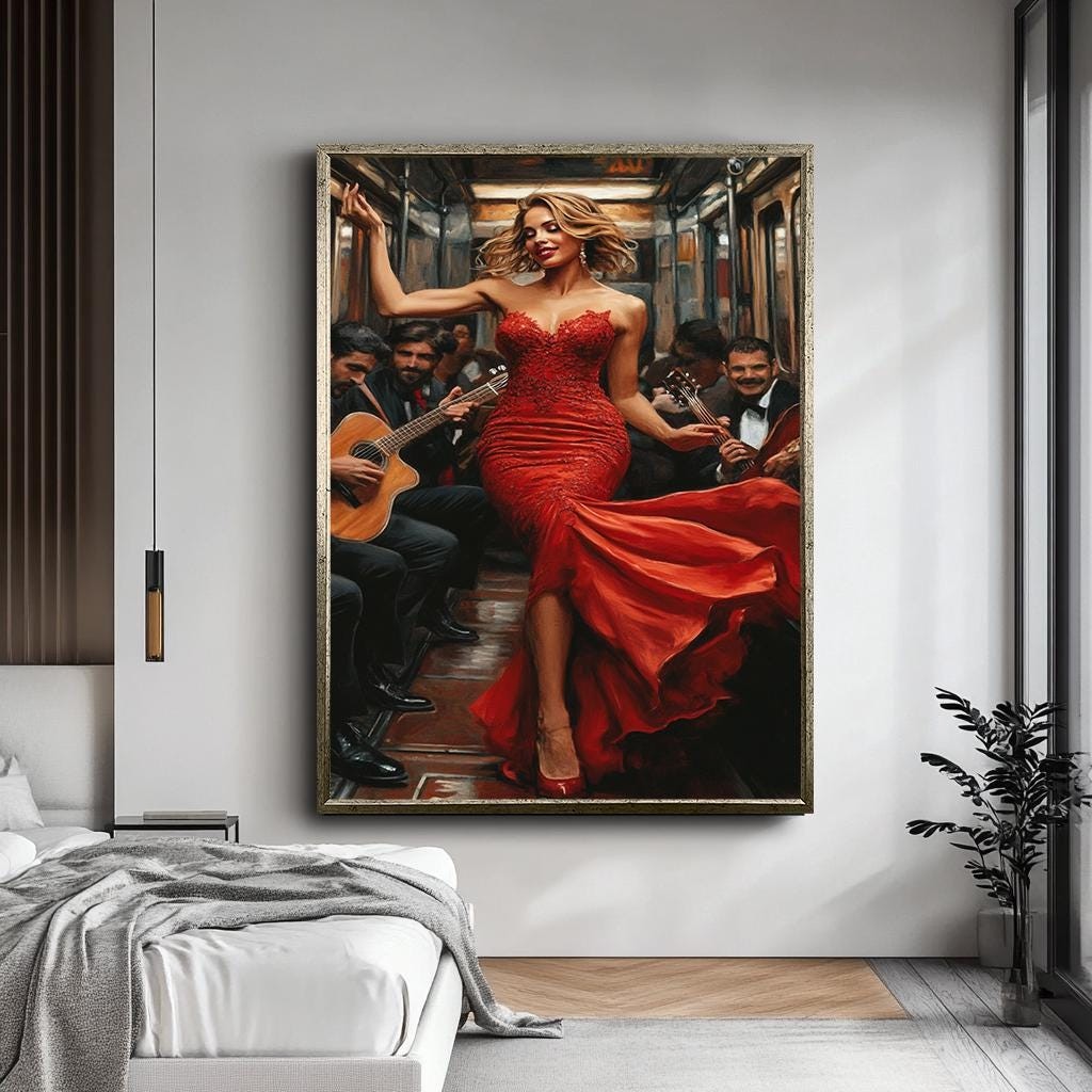 Glamorous Woman in Red Dress Canvas Print, Elegant Lady in Subway Art,