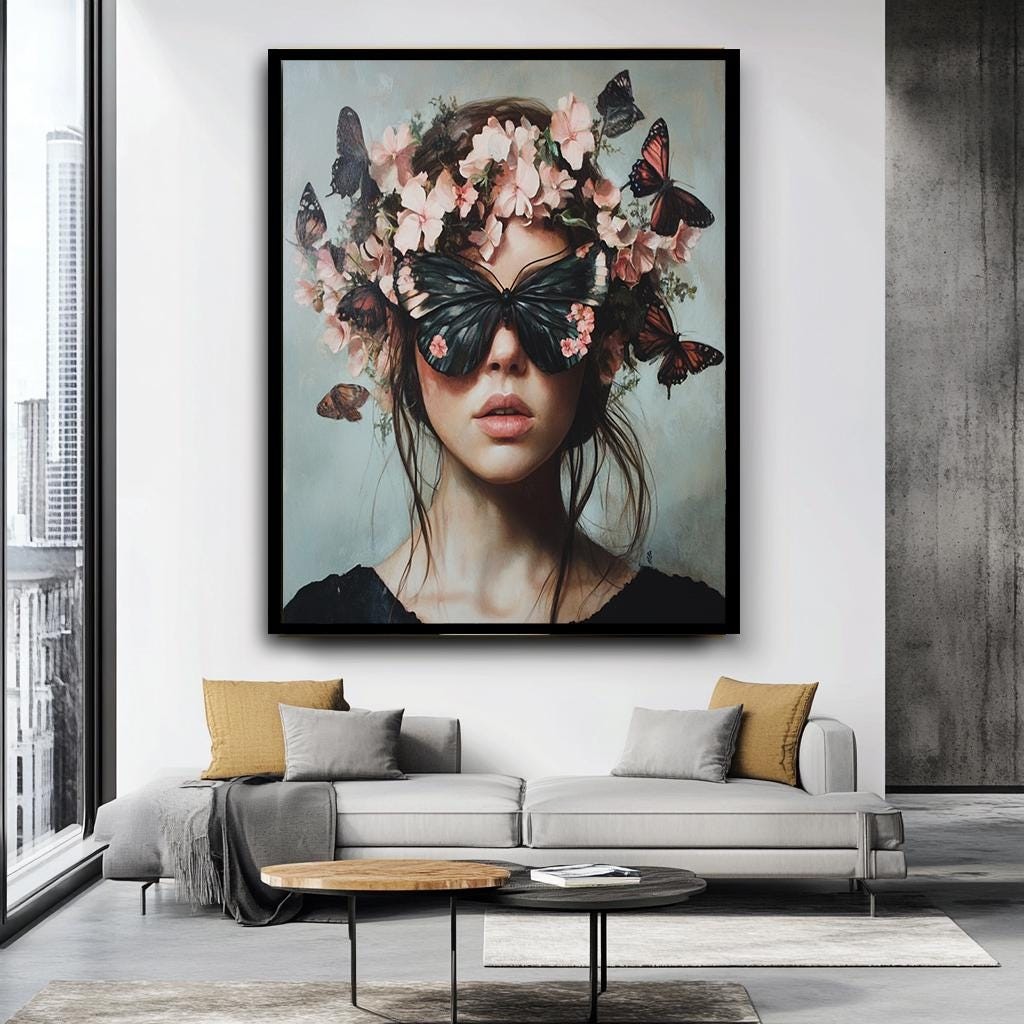 Butterfly Woman Portrait Art, Surreal Floral Crown Canvas, Elegant Fan