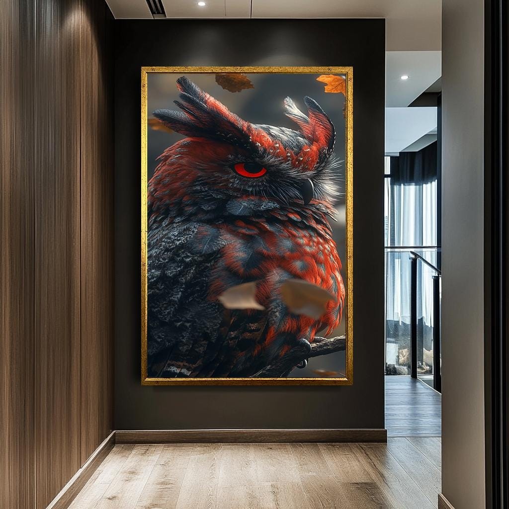 Red and Black Owl Portrait - Majestic Wildlife Canvas Art | Bold and D