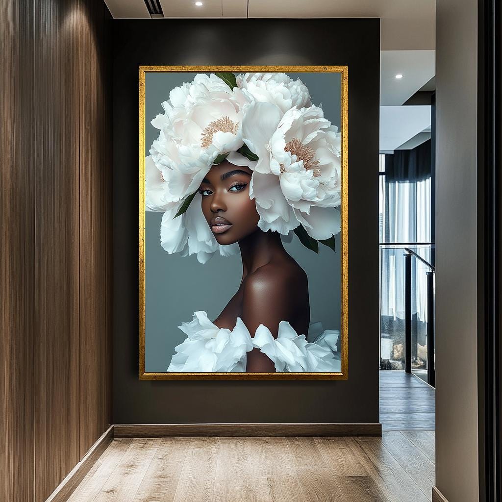 Çiçek Başlıklı Afrikalı Kadın Kanvas Tablo, Afrocentric Güzellik Duvar Sanatı, Zarif Afrika Kraliçesi Portresi, Modern Çiçekli Sanat Eseri