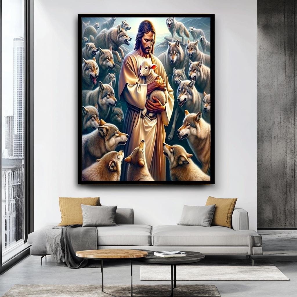 Jesus and Lamb Canvas Wall Art, Wolves and Lambs Spiritual Picture, Divine Protection Canvas Print, Religious Decor for Faith, Ready to Hang