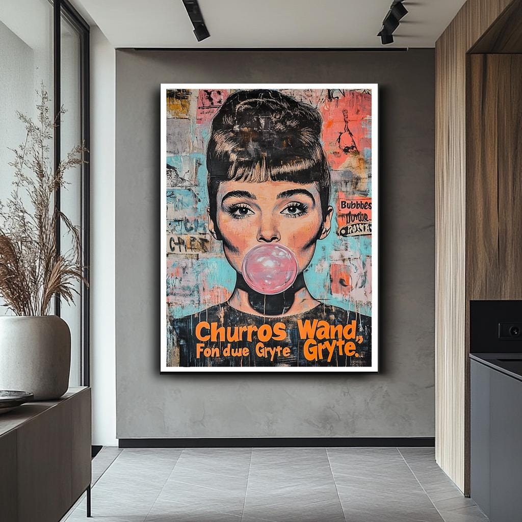 Audrey Hepburn Pop Art Canvas, Bubblegum Street Art Style, Large Moder