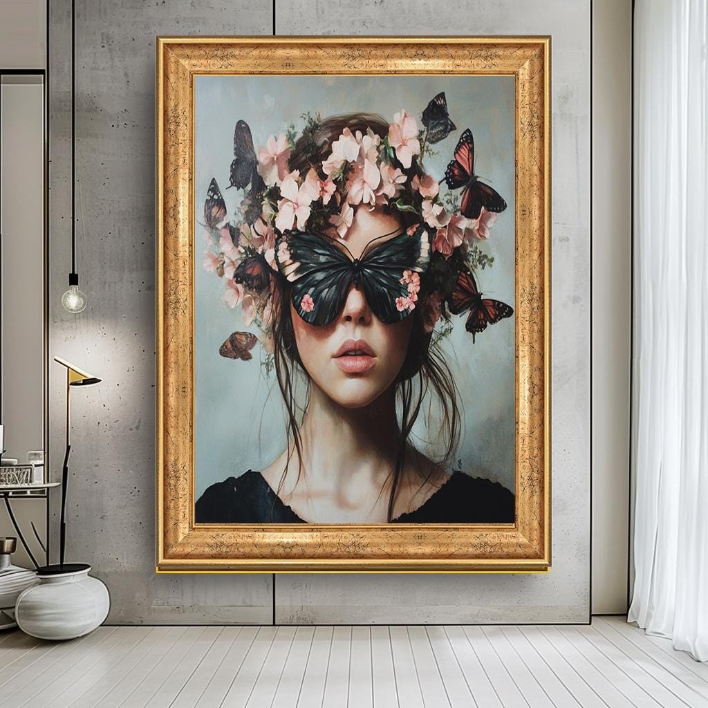 Butterfly Woman Portrait Art, Surreal Floral Crown Canvas, Elegant Fan