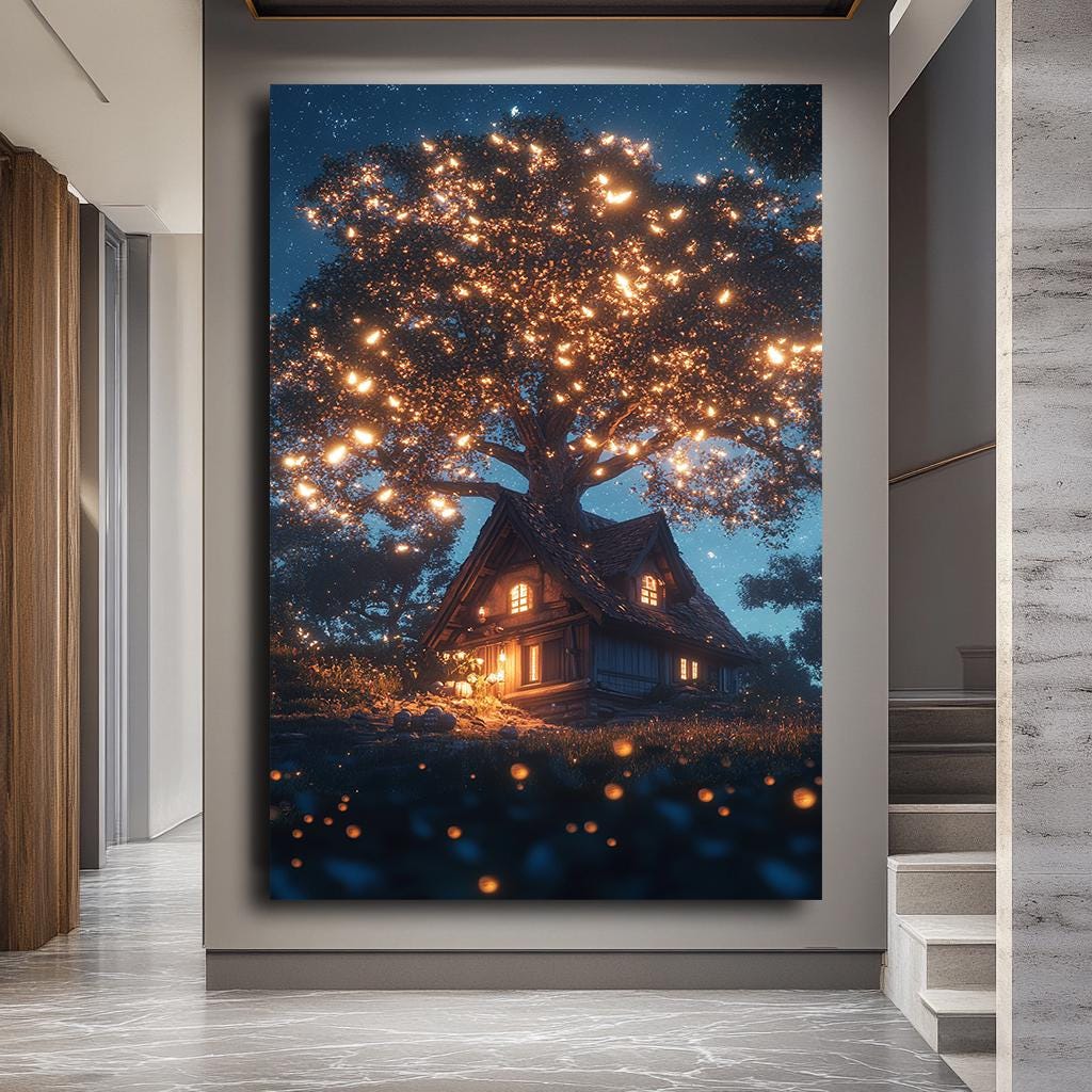 Magical Tree House Canvas Art | Cozy Cottage Under Starry Sky | Glowin