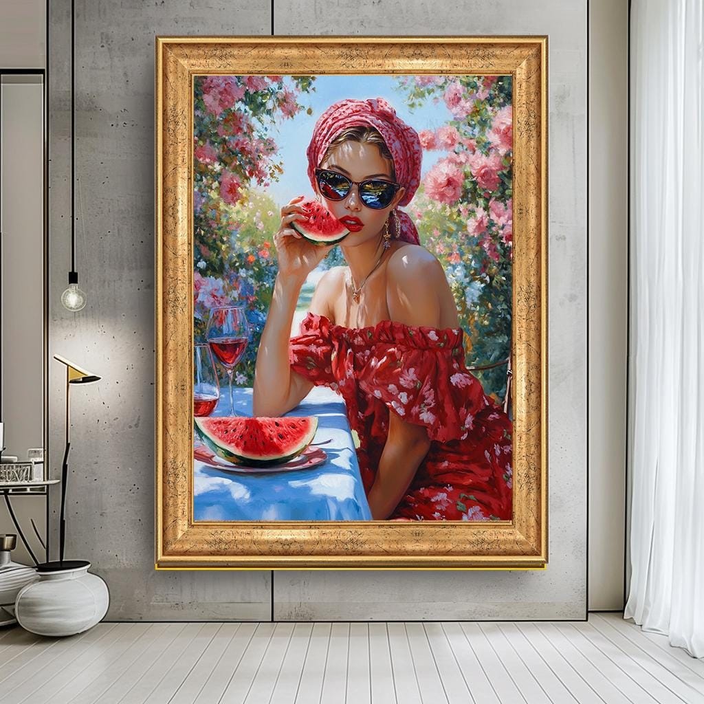 Summer Woman with Watermelon Canvas Art, Vibrant Garden Scene, Fashion