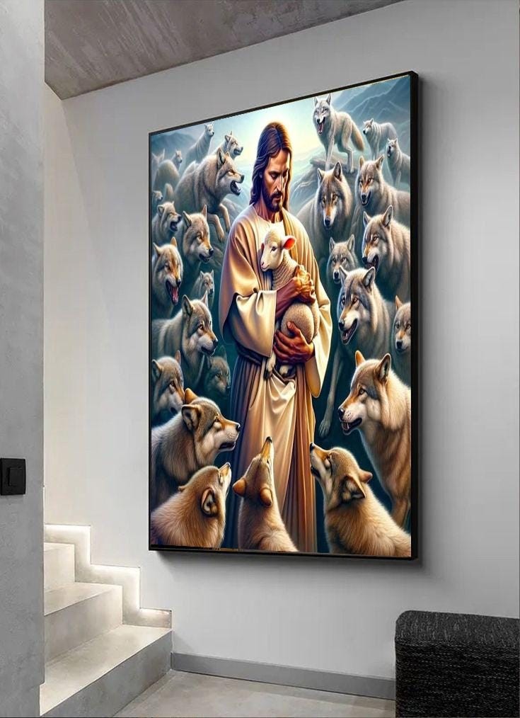 Jesus and Lamb Canvas Wall Art, Wolves and Lambs Spiritual Picture, Divine Protection Canvas Print, Religious Decor for Faith, Ready to Hang