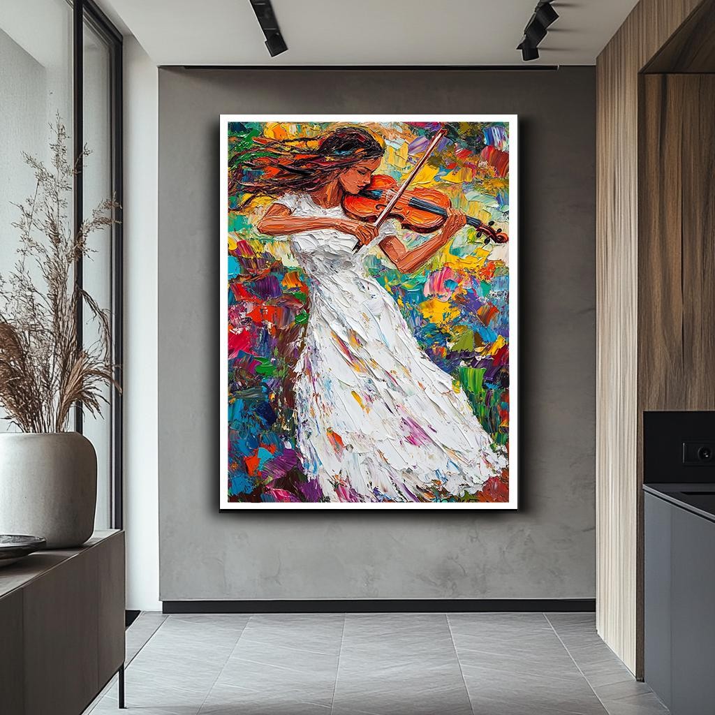 Colorful Violinist Canvas Art, Abstract Woman Playing Violin, Large Mu