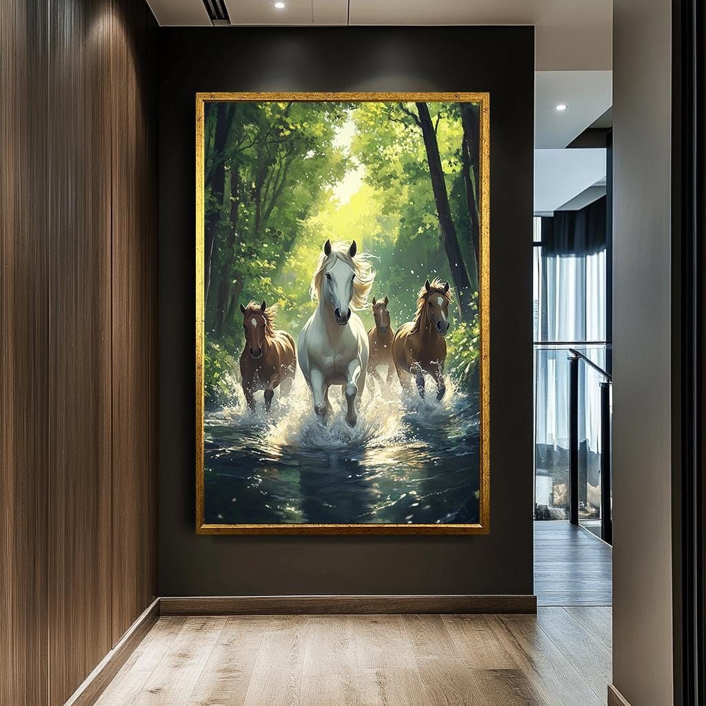 Majestic Horses Running Through Water Canvas Art, Nature-Inspired Anim