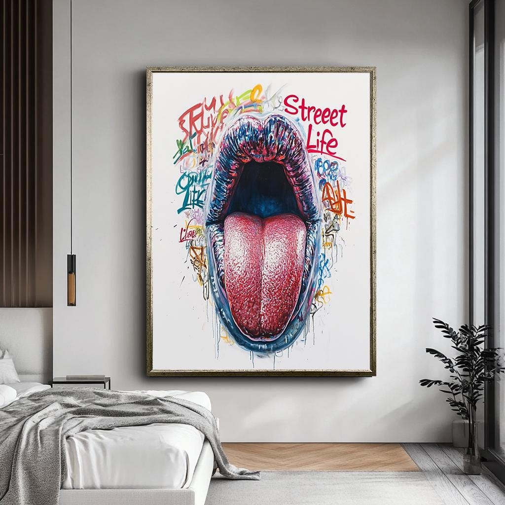 Street Life Pop Art Canvas, Bold Graffiti Tongue Art, Vibrant Urban Wa