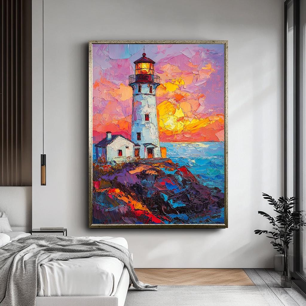 Canlı Deniz Feneri Kanvas Baskı, Renkli Gün Batımı Deniz Manzarası Resim, Oturma Odası için Dokulu Kıyı Duvar Sanatı, Cesur Okyanus Manzarası Dekoru