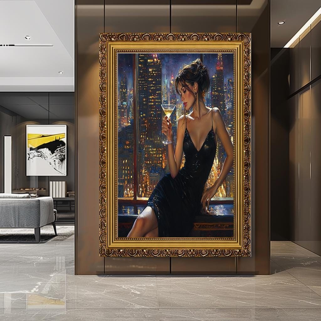 Woman in Black Dress Canvas Print, Sensual Cityscape Wall Art, Modern 