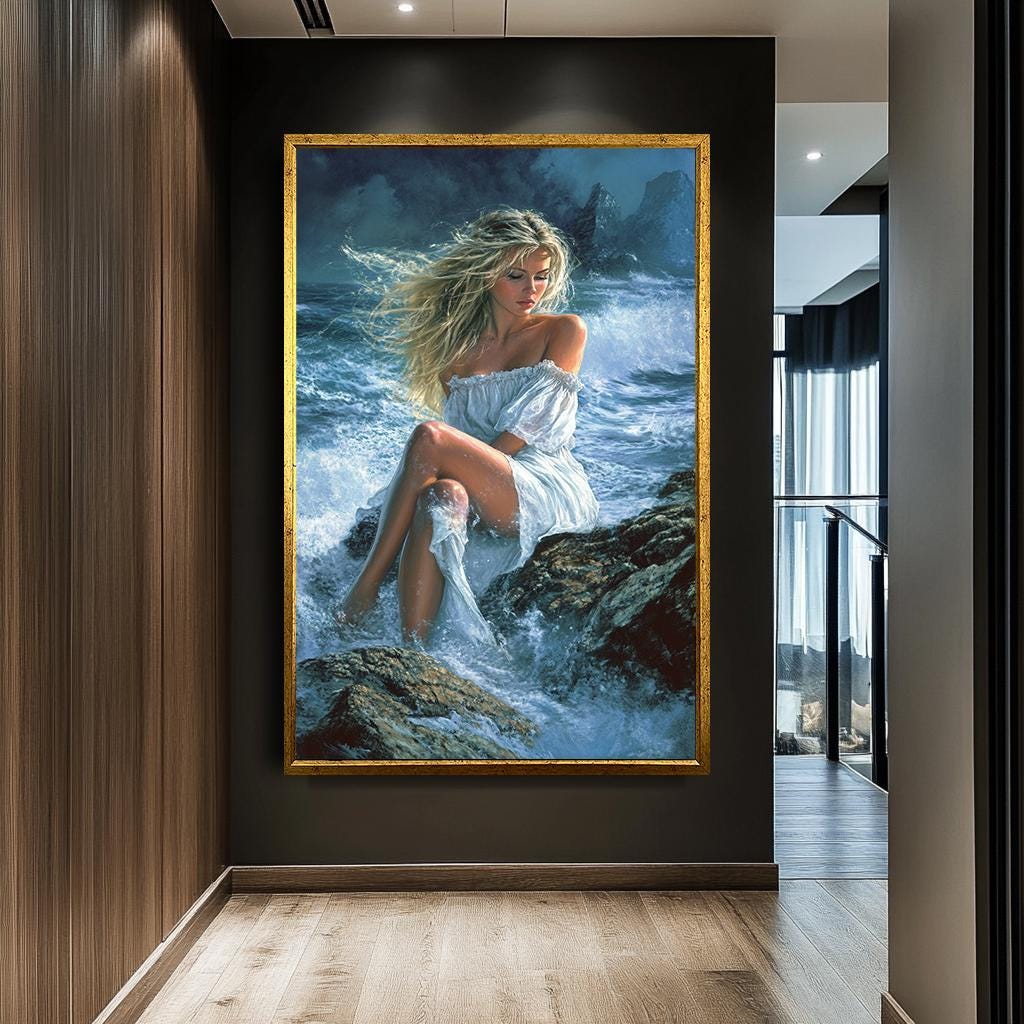 Romantic Woman on Rocks Canvas Art, Ocean Waves Wall Art, Serene Beach