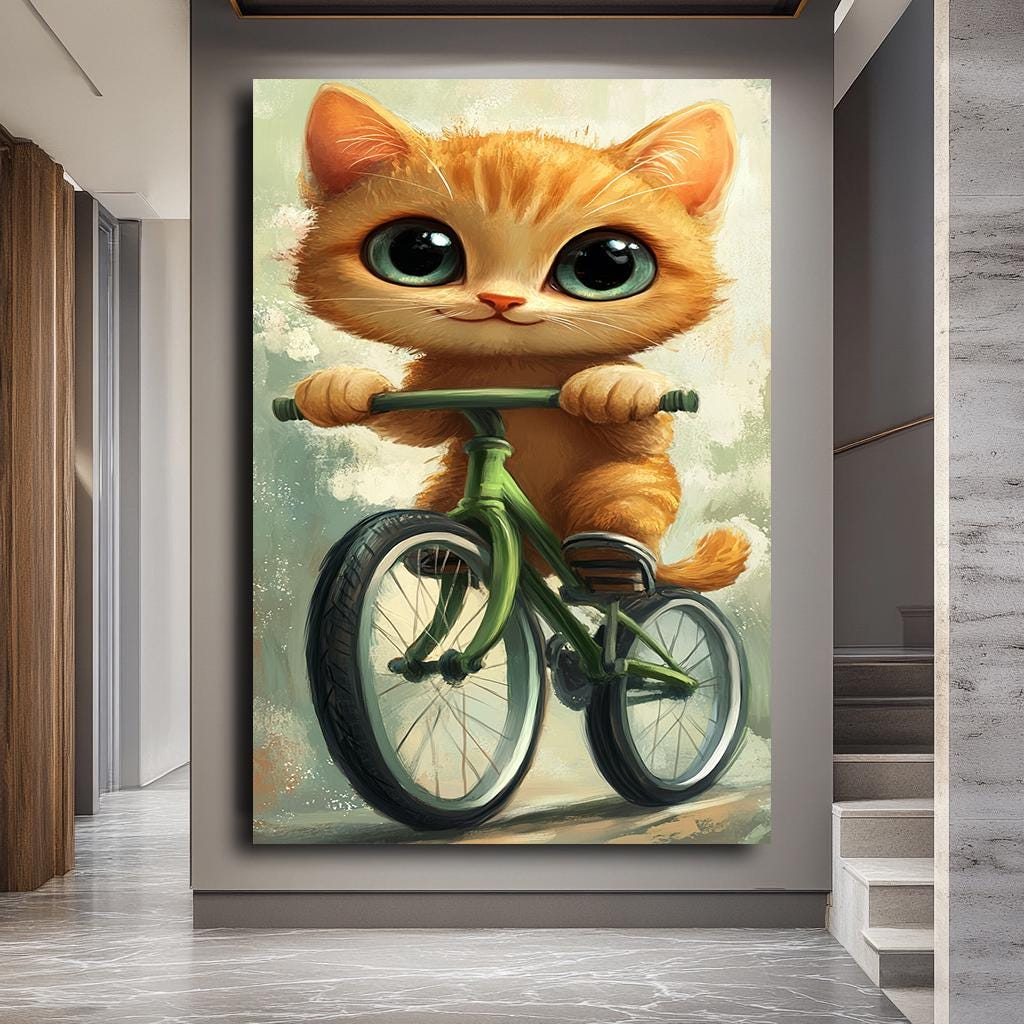 Cute Cat on Bicycle Art Print, Whimsical Animal Illustration, Adorable