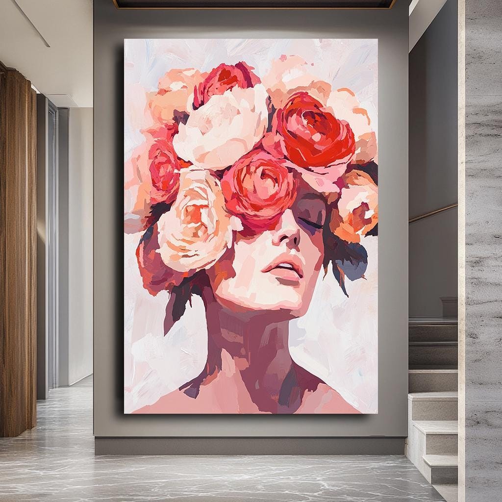 Abstract Floral Woman Portrait Wall Art, Modern Female Canvas Print, E