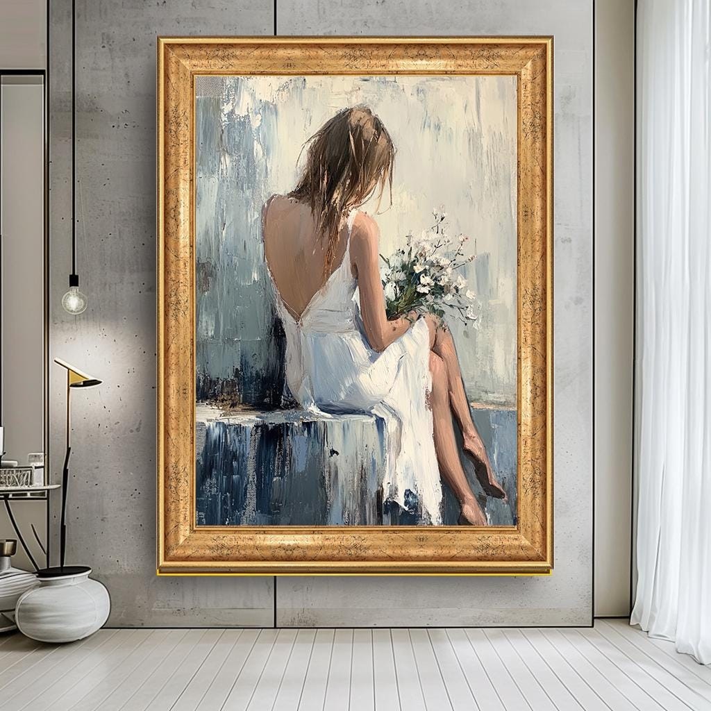 Serene Woman Canvas Art, Elegant Figure Holding Flowers, Large Abstrac