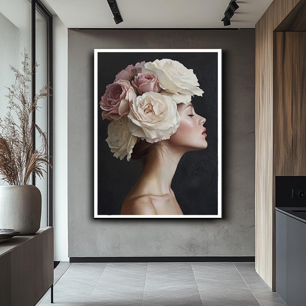 Elegant Woman with Flower Crown Wall Art, Feminine Floral Portrait Can