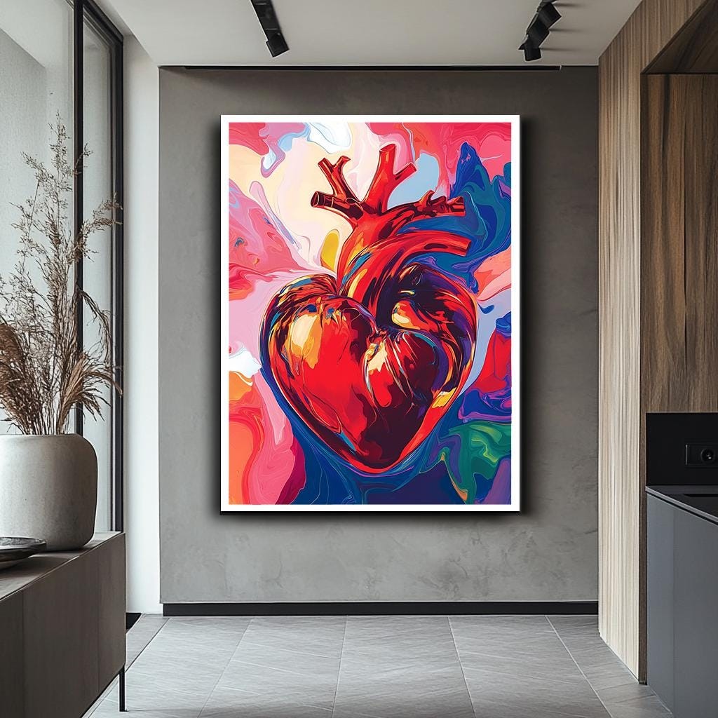 Vibrant Heart Wall Art, Bold Anatomical Heart Canvas Print, Colorful A