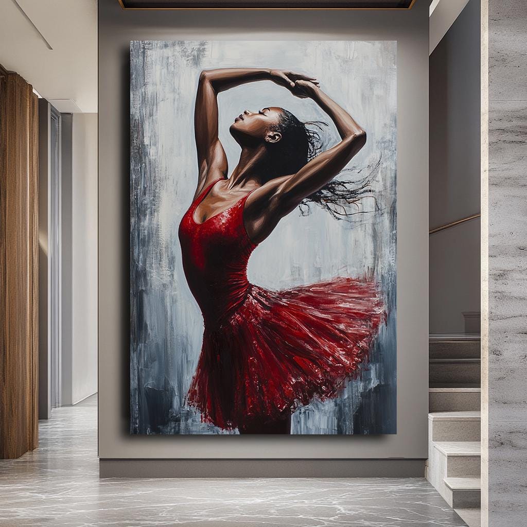 Elegant Ballerina Canvas Painting, Dynamic Dance Art in Red Dress, Lar