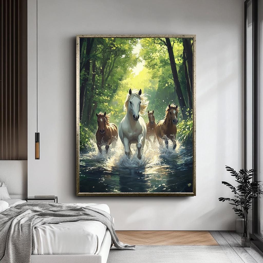 Majestic Horses Running Through Water Canvas Art, Nature-Inspired Anim