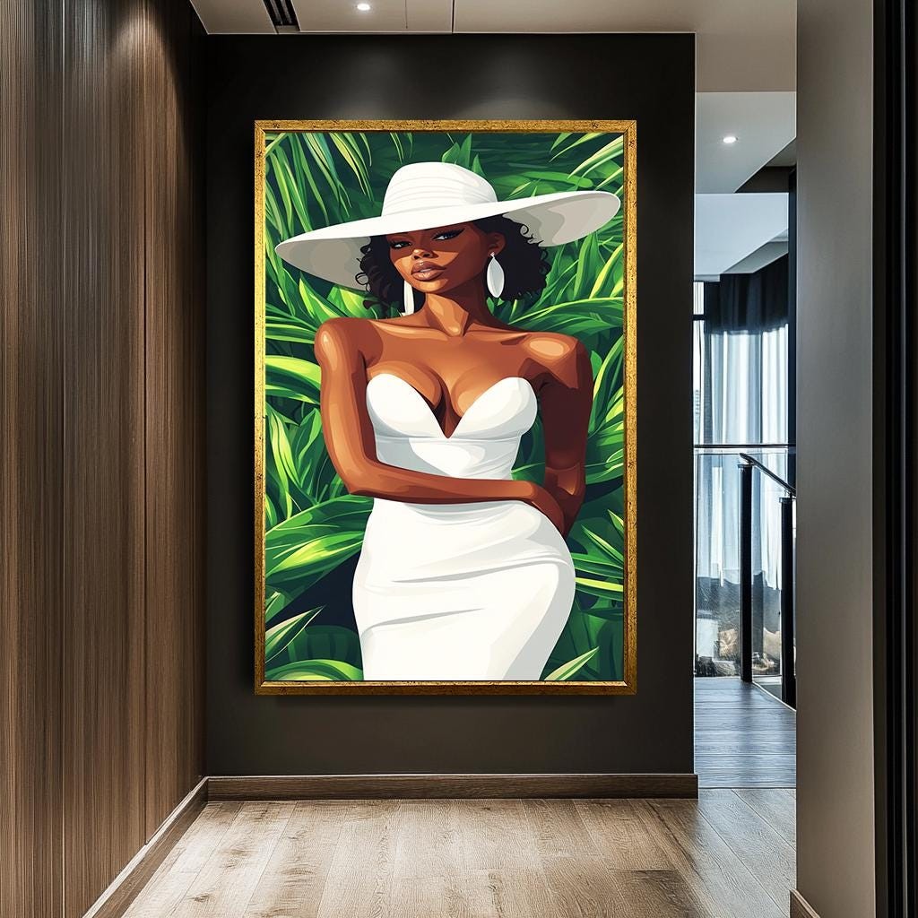 Elegant African Woman in White Dress Canvas Print, Bold Afrocentric Ar