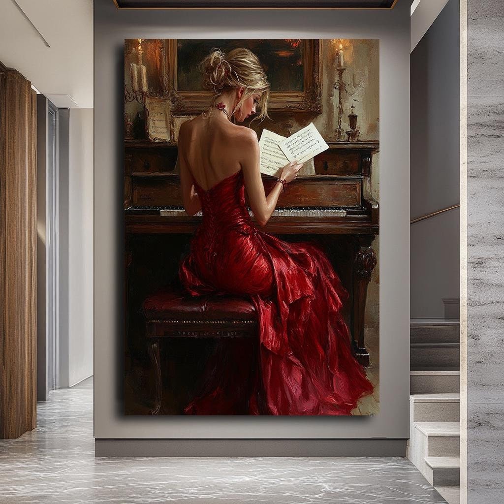 Elegant Woman at Piano Canvas Print, Classical Music Art, Red Dress Wa