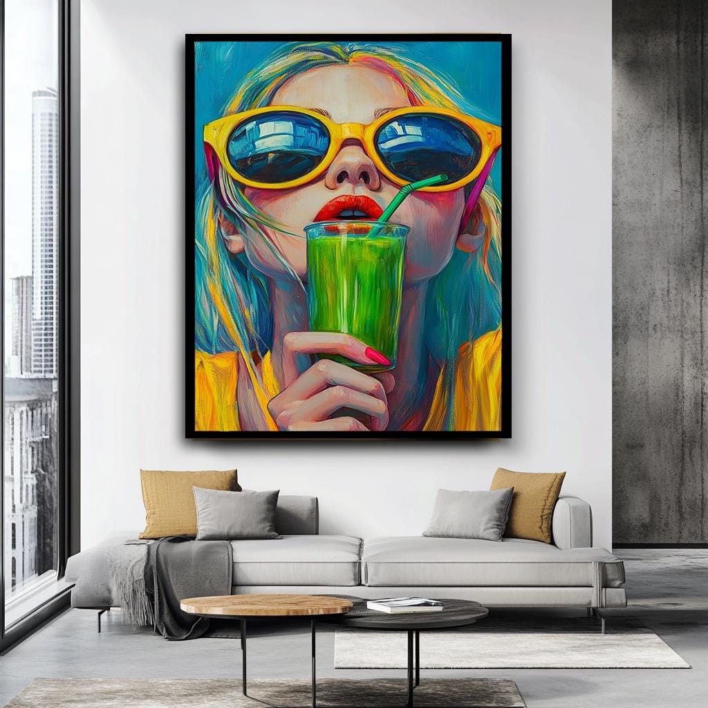 Vibrant Summer Woman with Green Smoothie Wall Art, Colorful Pop Art Ca