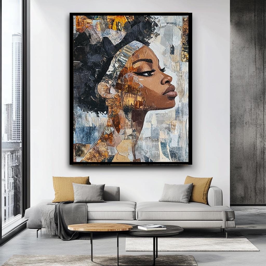 Abstract African Woman Portrait Wall Art, Bold Textured Canvas, Modern Ethnic Artwork