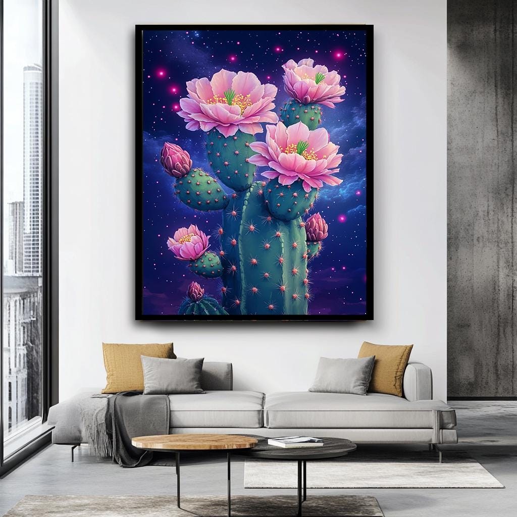 Cactus Flower Art Print, Neon Pink Floral Cactus Wall Art, Cosmic Dese