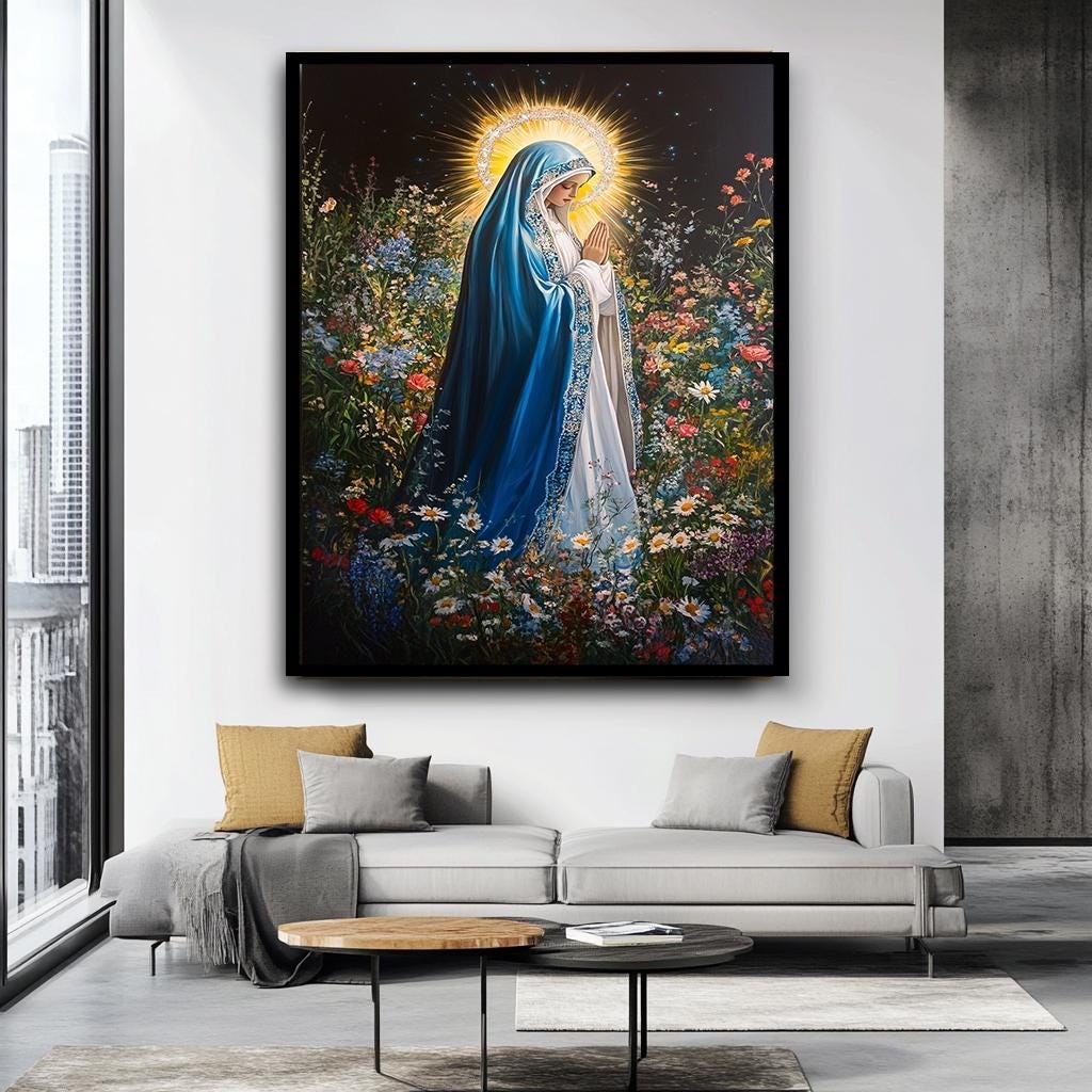 Meryem Ana Kanvas Duvar Sanatı - Çiçekli Dini Ev Dekorasyonu - Hristiyan Kanvas Baskı - İlham Veren Kutsal Anne Tablosu,Duvar Sanatı