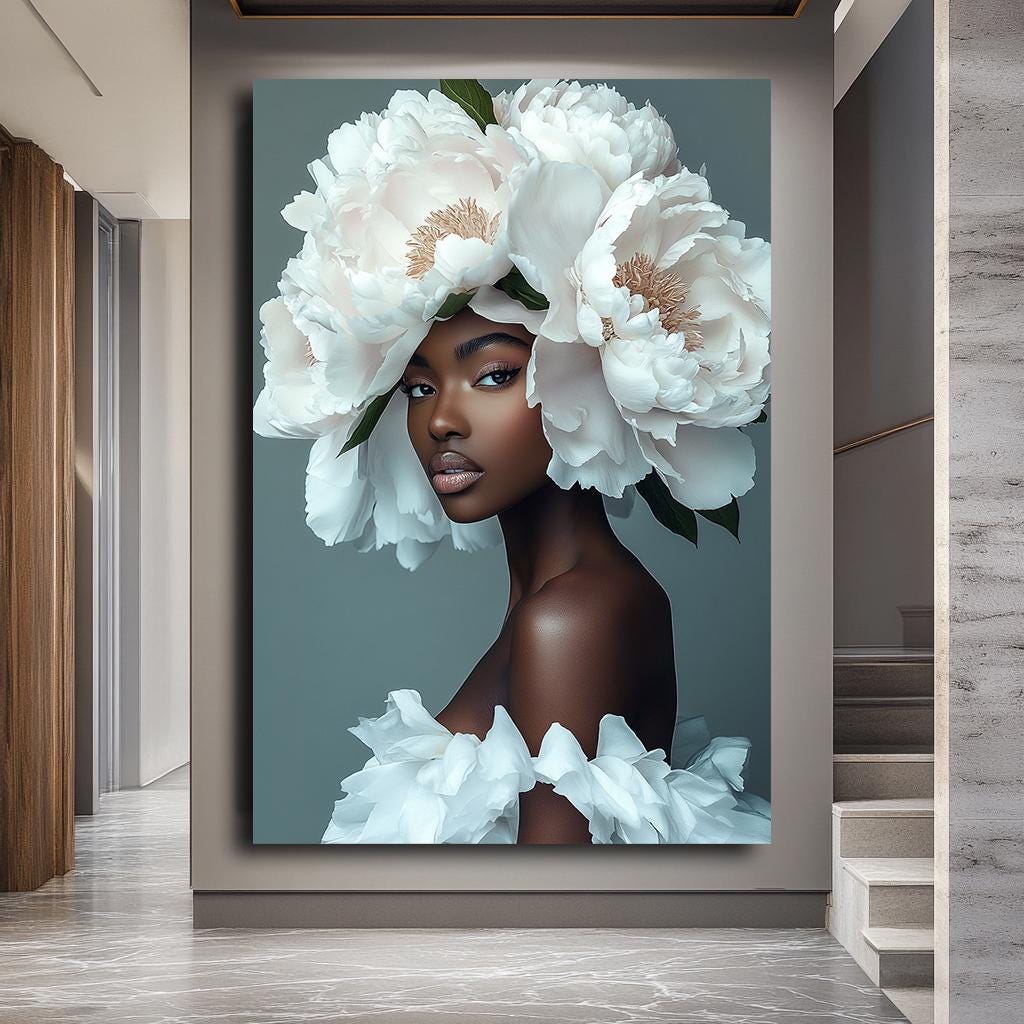 Çiçek Başlıklı Afrikalı Kadın Kanvas Tablo, Afrocentric Güzellik Duvar Sanatı, Zarif Afrika Kraliçesi Portresi, Modern Çiçekli Sanat Eseri